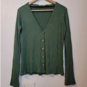 Reformation Women Crop Top Blouse Shirt Size L Green Button Up Long Sleeve